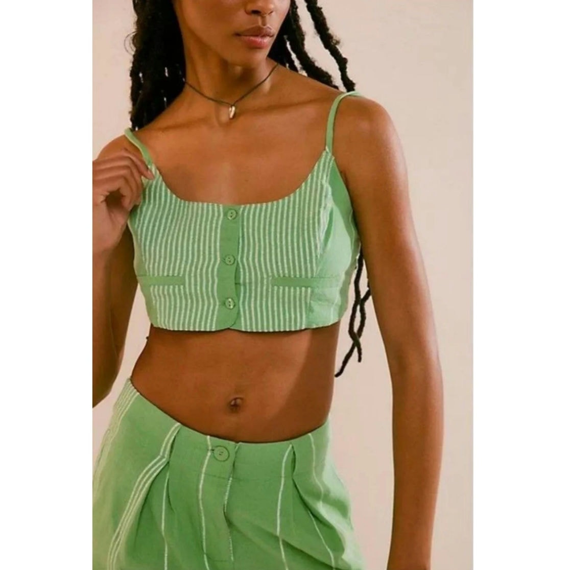 New Free People Casual Friday Pants Tank Set FREE-EST $128 LARGE Green Striped