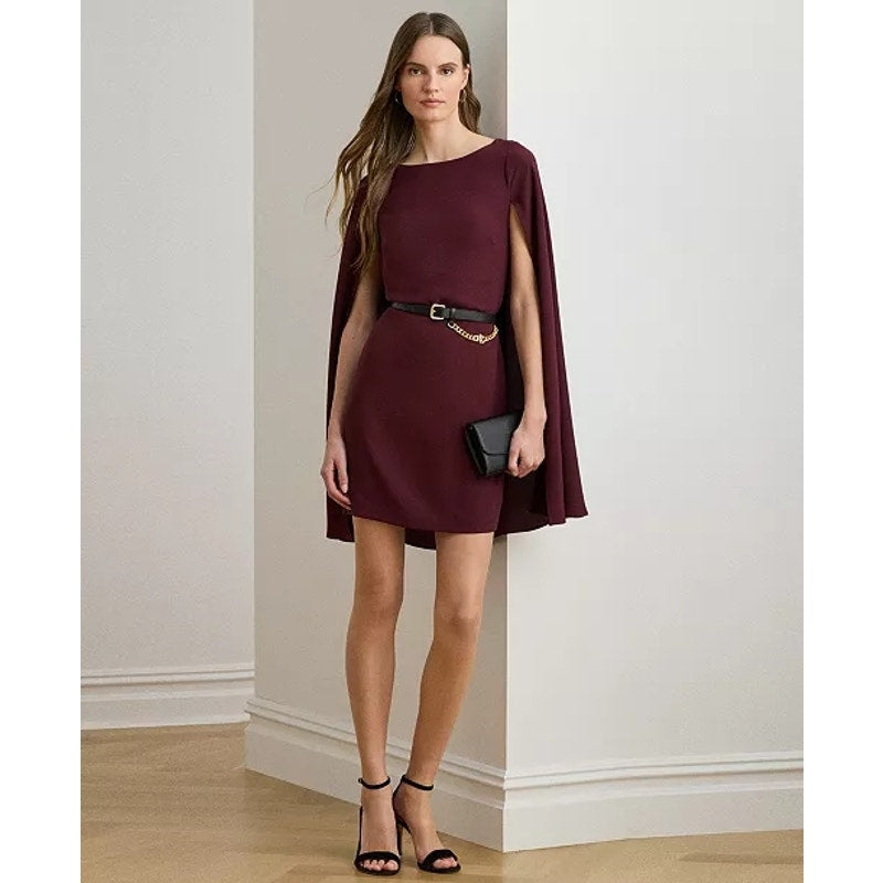 Dark garnet caped crew neck cocktail dress with cape sleeves