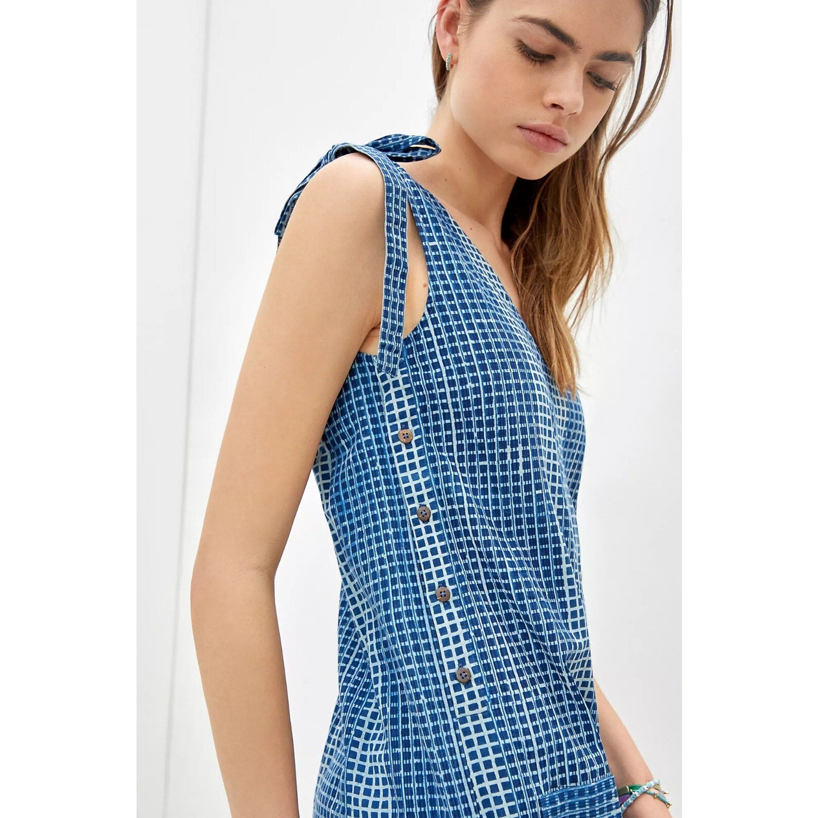 New Anthropologie by Kopal Geo Striped Wide-Leg Jumpsuit $198 Size XS Blue