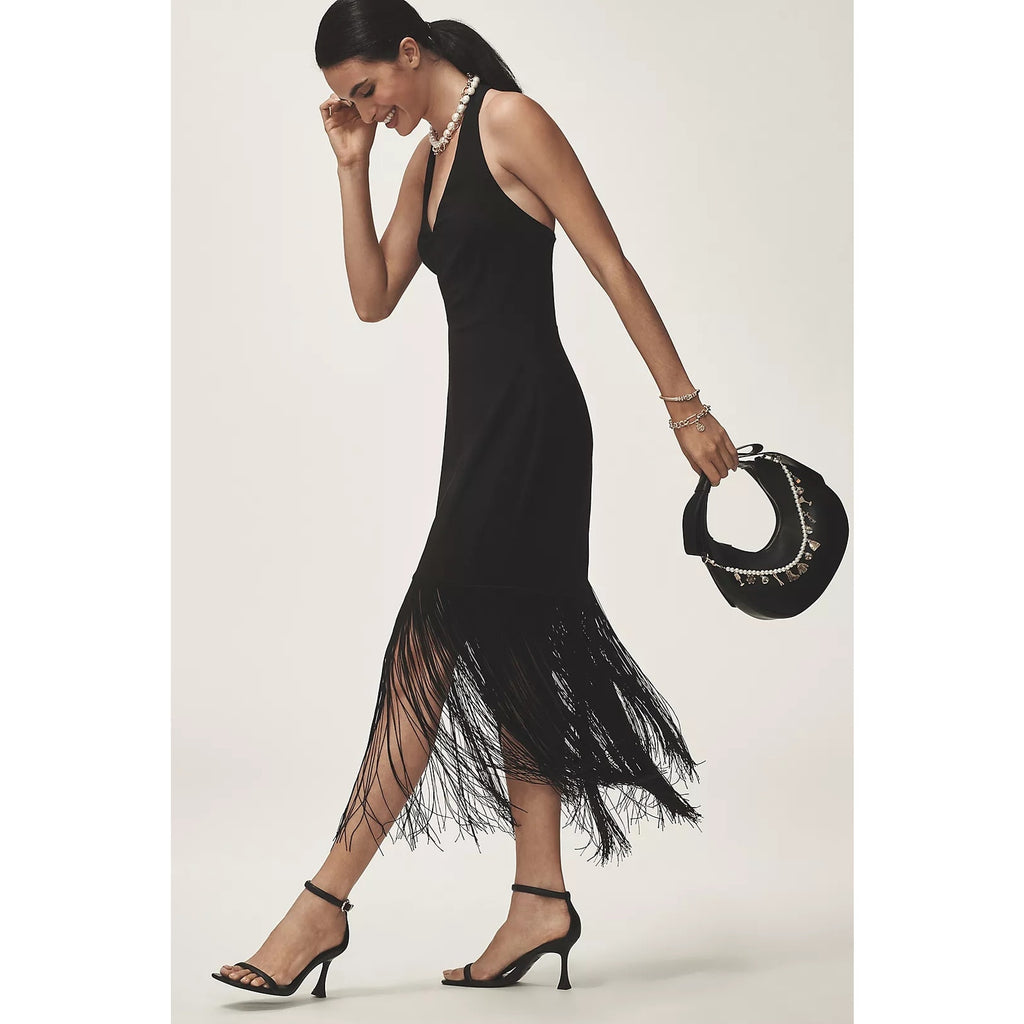 Anthropologie Hutch Plunge Halter Fringe Knit Midi Dress $248 XS Black