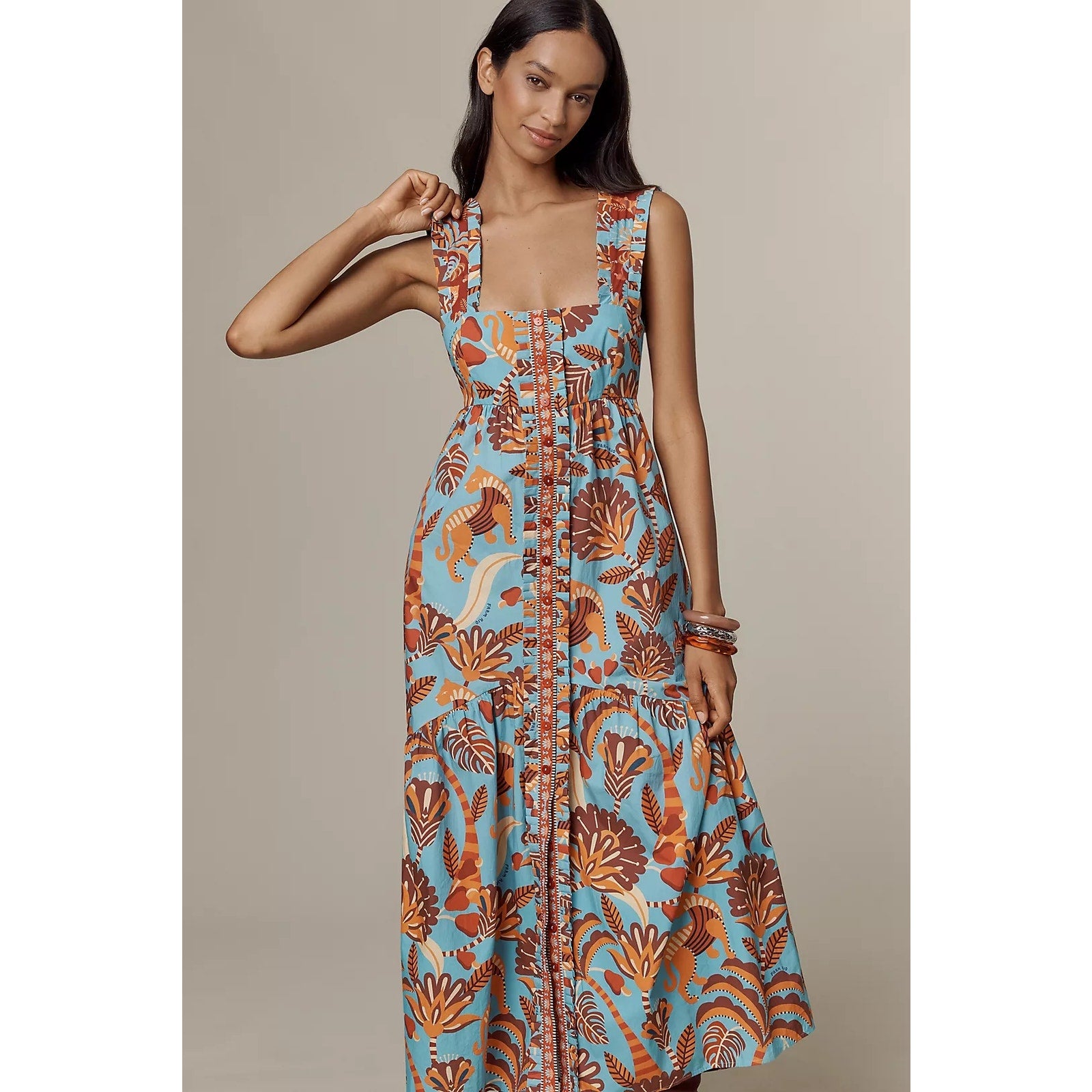 Farm Rio x Anthropologie Square-Neck Midi Dress SMALL Blue Anthropologie
