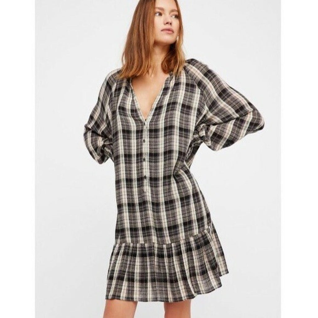 NEW Free People $128 Red Moon Plaid Mini Dress Black/Gray Size XS Pleated