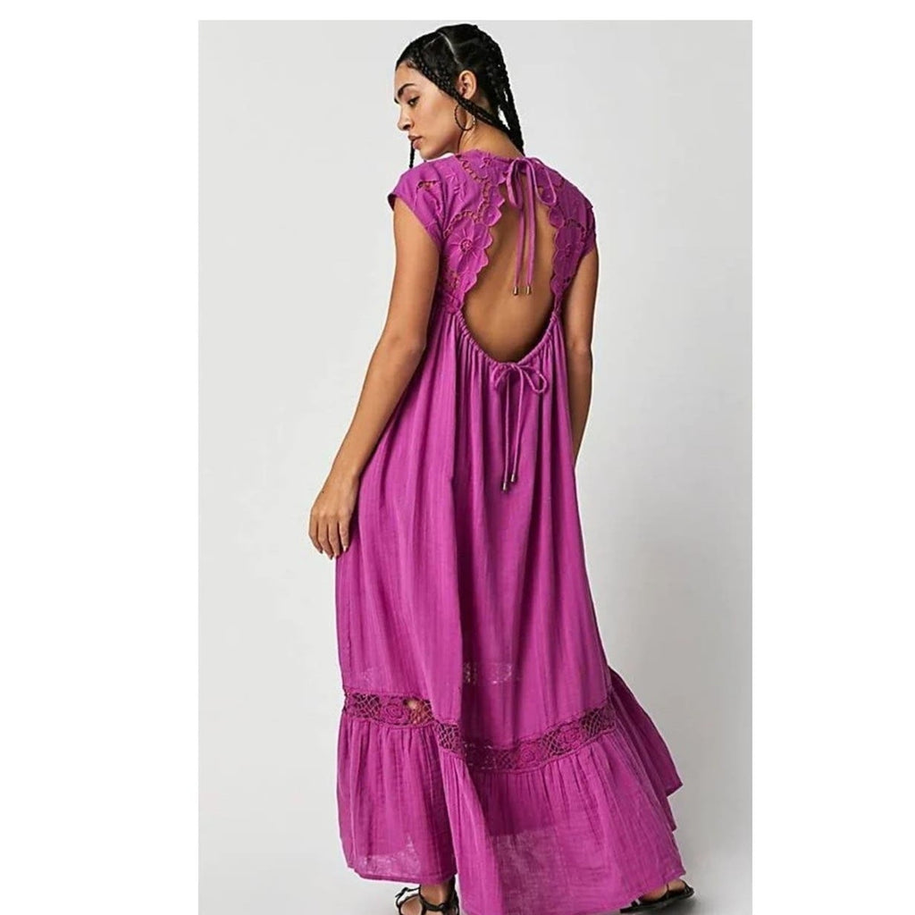 New Free People Cutwork Lace Tee Maxi Dress $198 SMALL Open-Back Maxi Violet