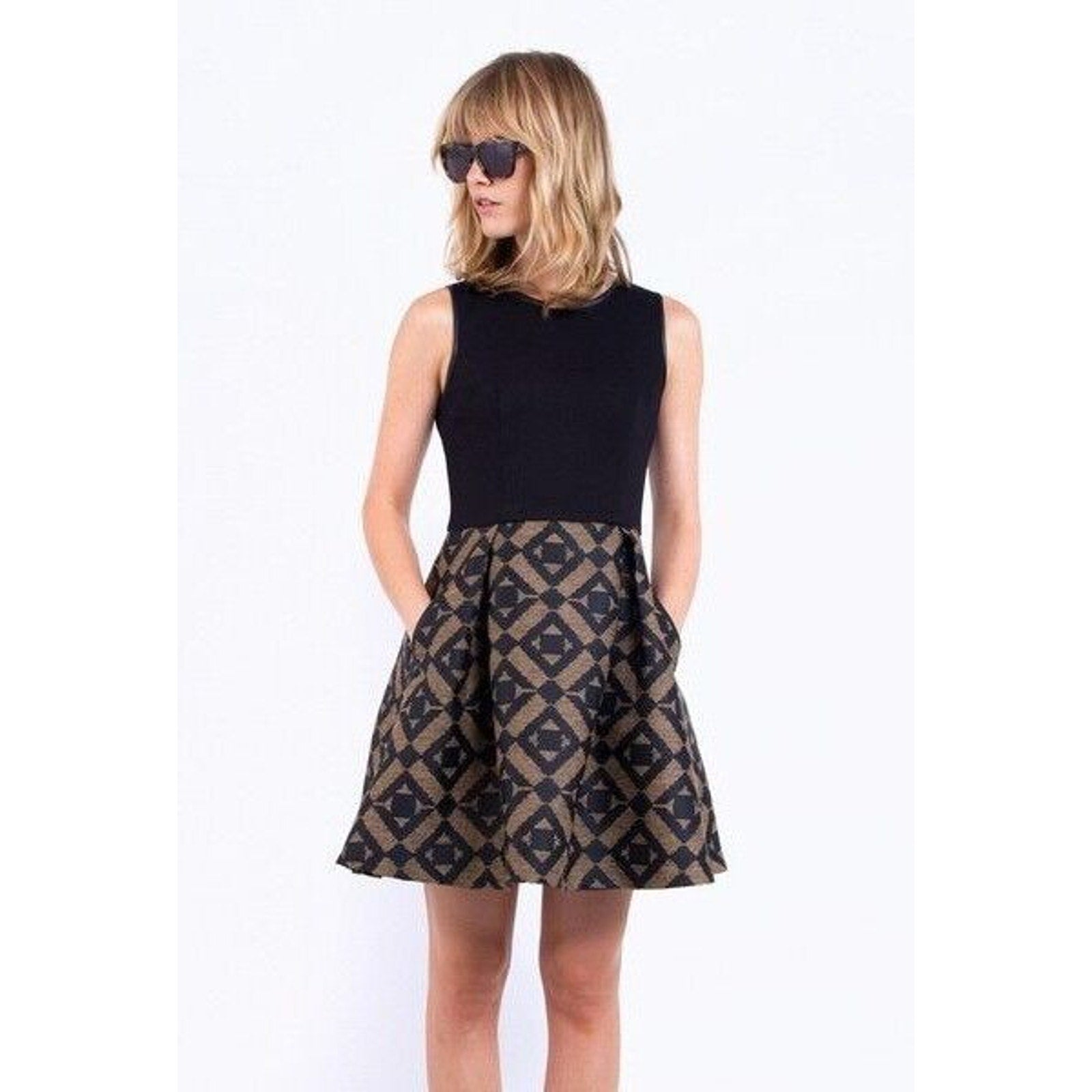 New Morgan Carper Kala Geo Mini Dress Black Size 0 $380 Jacquard Leather Trim