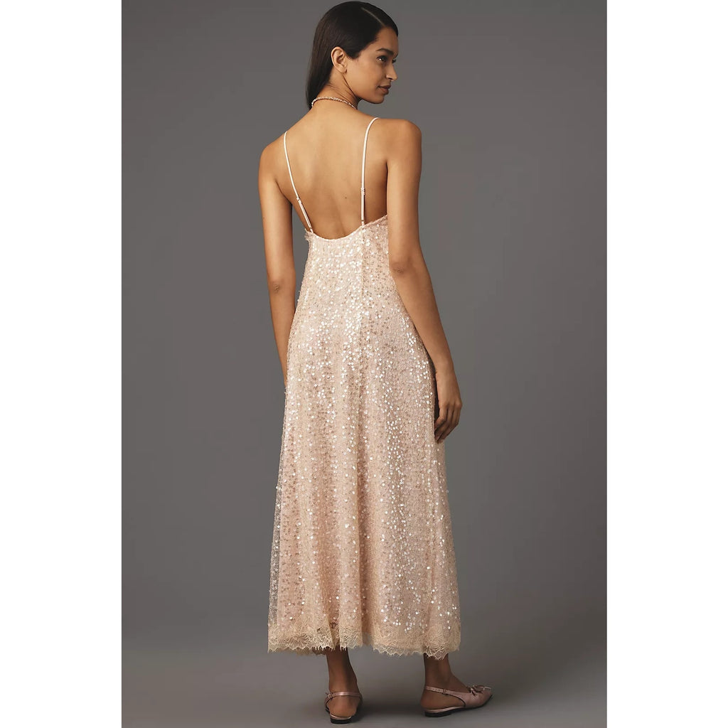 Anthropologie Sleeveless V-Neck Lace Sequin Slip Midi Dress Small