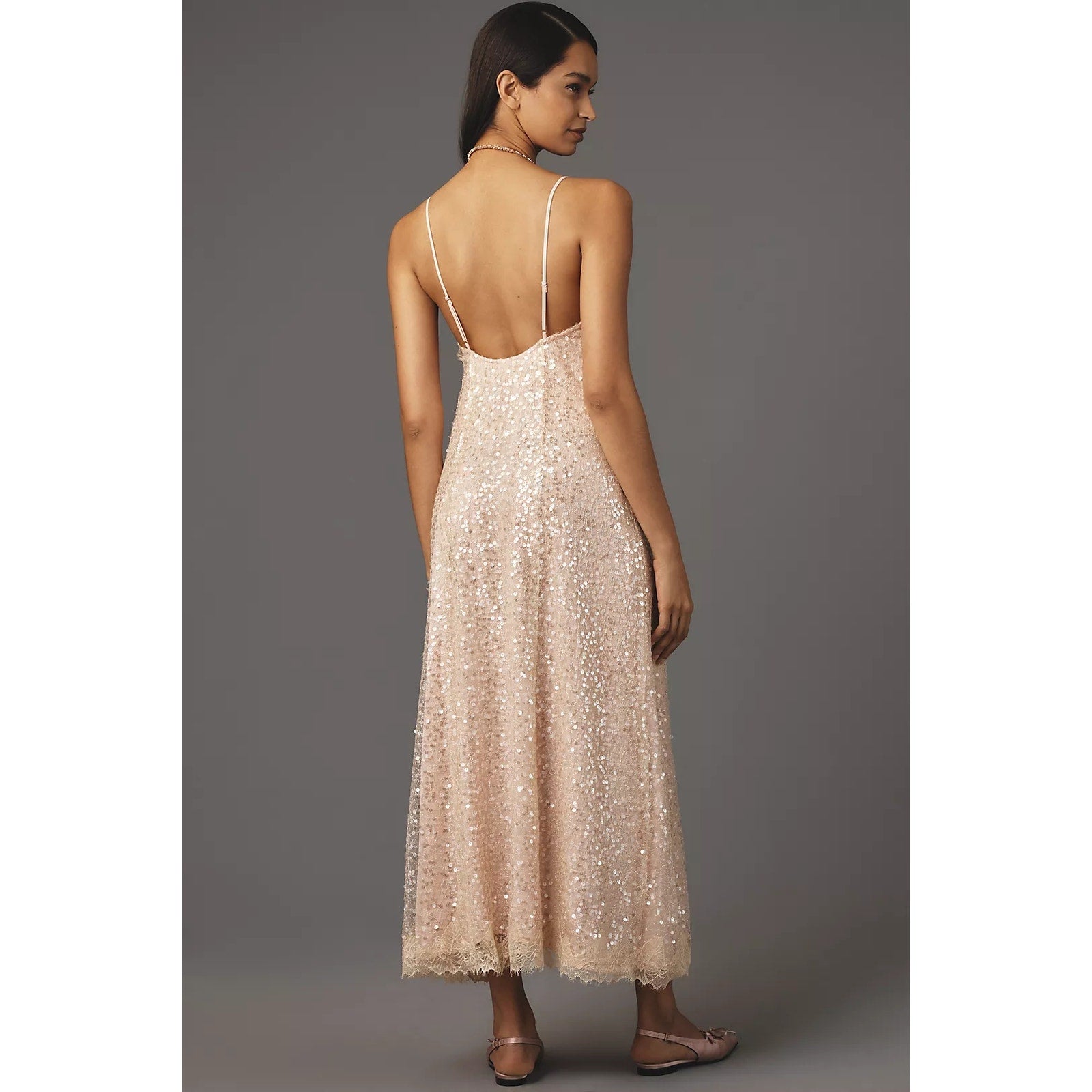 Anthropologie Sleeveless V-Neck Lace Sequin Slip Midi Dress Small