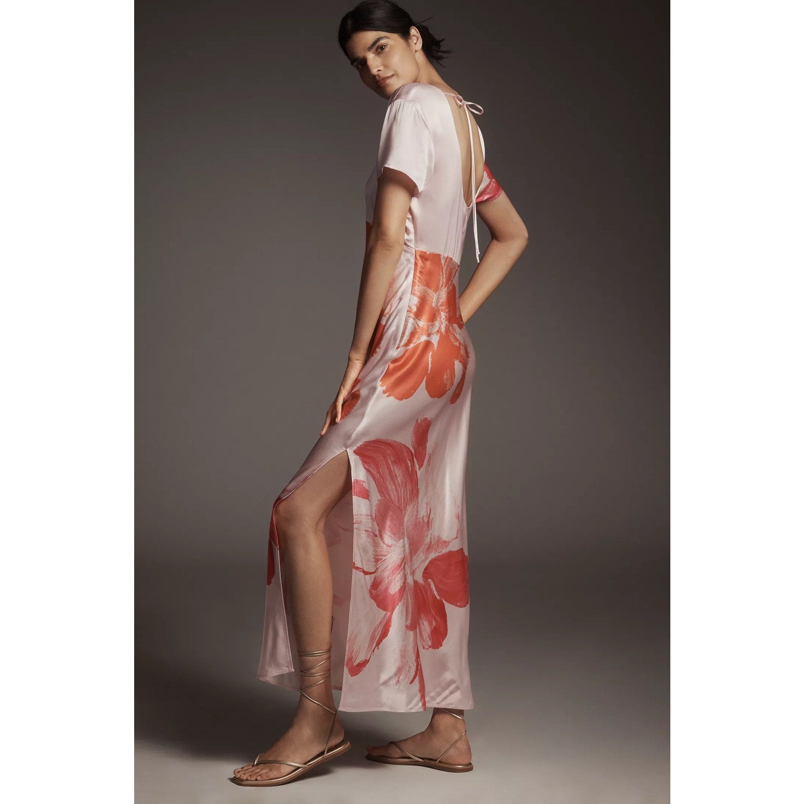 Anthropologie Short-Sleeve Maxi Slip Dress $168 Medium Pink Floral Boho