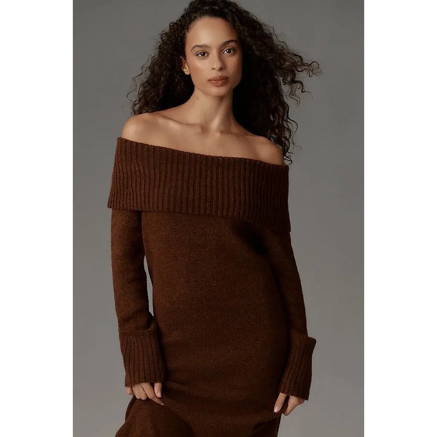 Dark brown off-shoulder knit midi dress with ribbed neckline, long sleeves, and fitted bodice