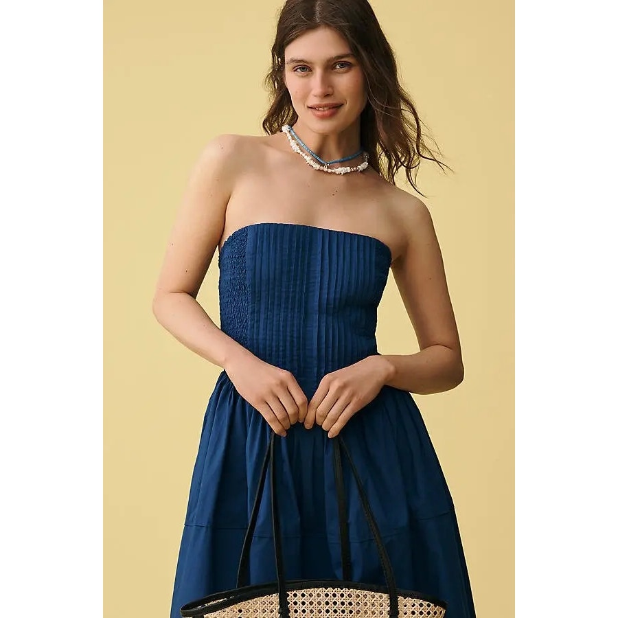 New Anthropologie Cotton Poplin Strapless Midi Dress $168 X-LARGE Navy Smocked
