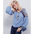 New Free People Snow Kisses Embroidered Long Sleeve Blouse $128 Medium Blue Boho