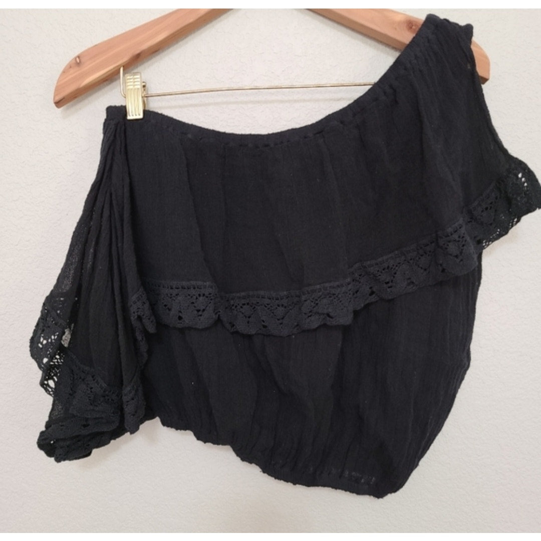Free People Jen's Pirate Booty One Shoulder Banded Crop Top SMALL Black Free People