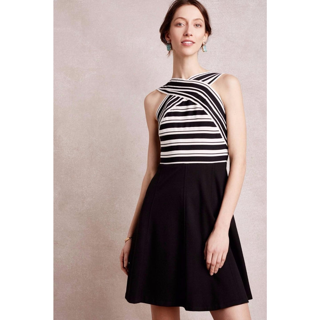 NEW Anthropologie Maeve Black Crosswise Flare Dress Size Small Retails $158 B&W