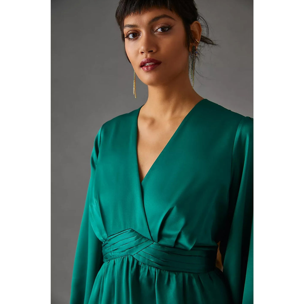 New Anthropologie Nikasha Embroidered Satin Dress $260 XXS Green