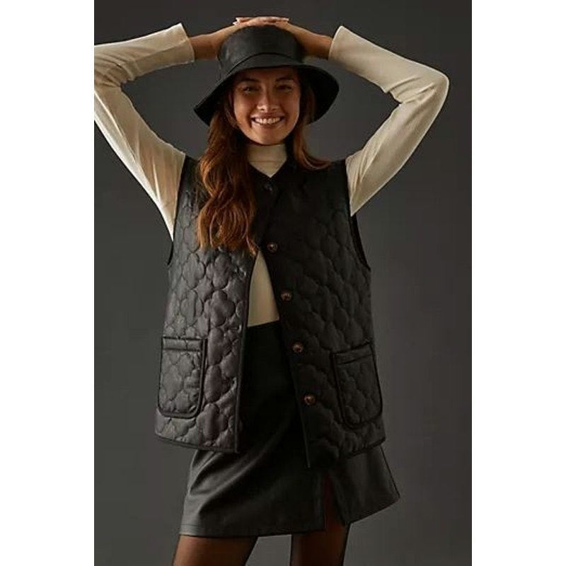 New Anthropologie FRNCH Paris Gisette Faux Leather Quilted Vest $150 OS Black
