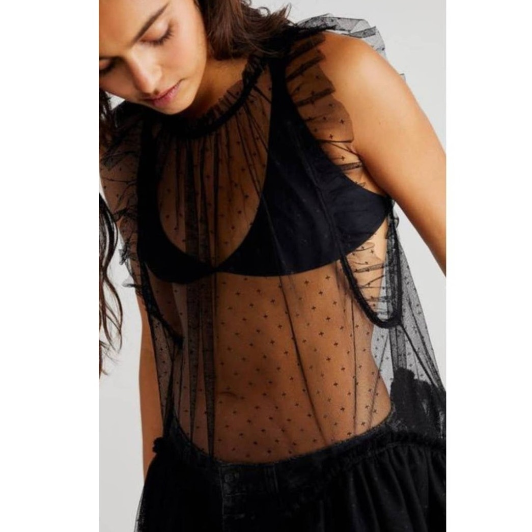 New Free people MIA Mesh Maxi Top $148 MEDIUM Black DROPPED WAIST Ruffled Tiered