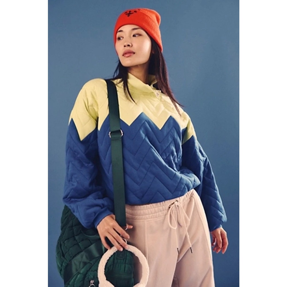 New FREE PEOPLE Zig Zag Pullover $198 X-SMALL Dandelion Combo YELLOW/BLUE