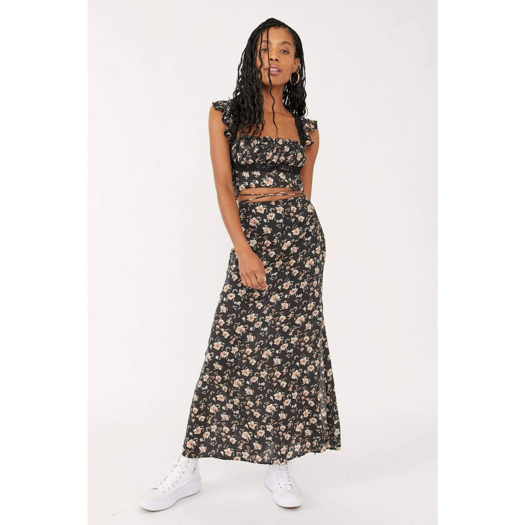 Free People Bijou Smocked Top and Maxi Skirt Set Sz 4 Black Floral Boho Free People