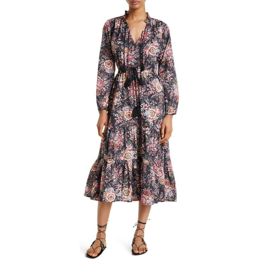 New MILLE Astrid Tasseled Midi Dress $248 SMALL Bloomsbury Floral Long Sleeve