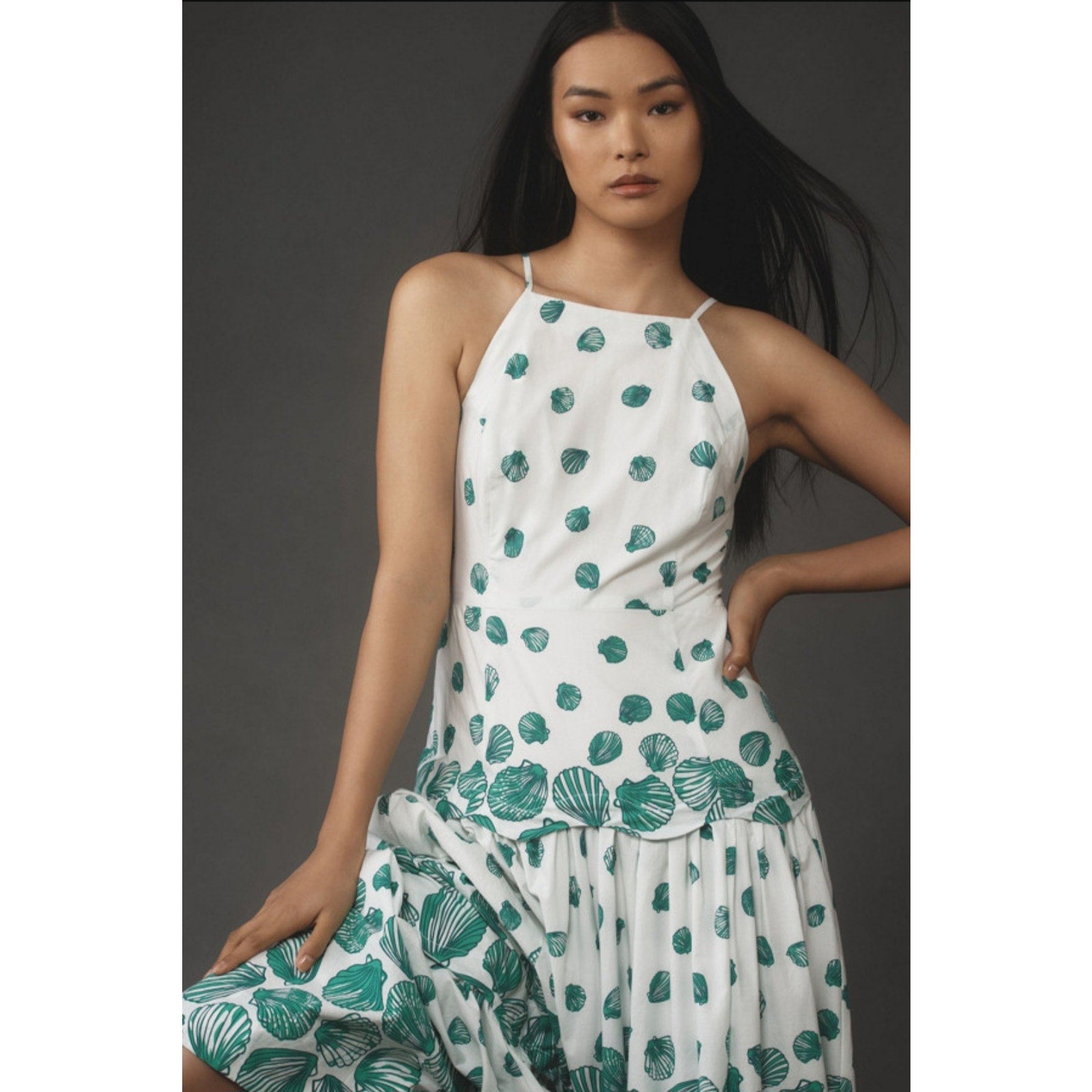 Anthropologie Maeve Halter Tiered Maxi Dress $188 SMALL White Green