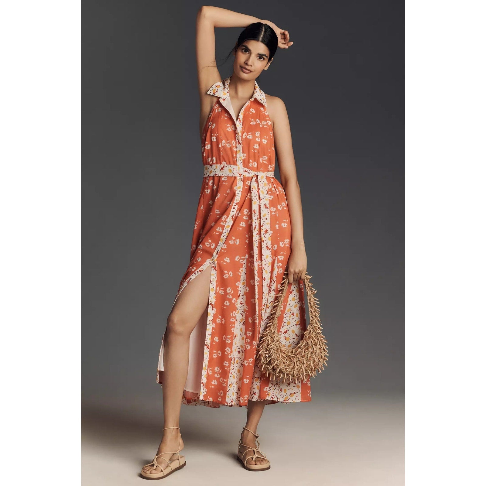 ANTHROPOLOGIE Maeve Halter Open-Back Godet Midi Shirt Dress SMALL Anthropologie
