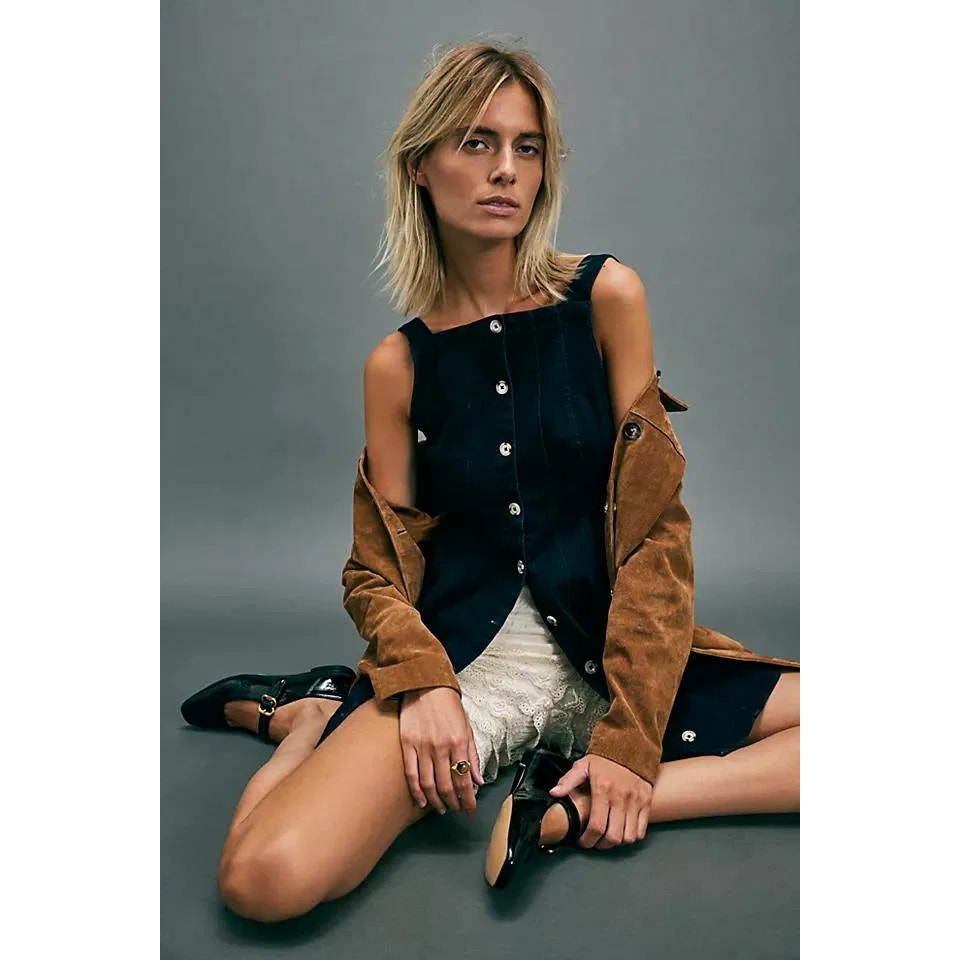New FREE PEOPLE Gimme More Denim Mini Dress $148 X-LARGE Dark Blue Button