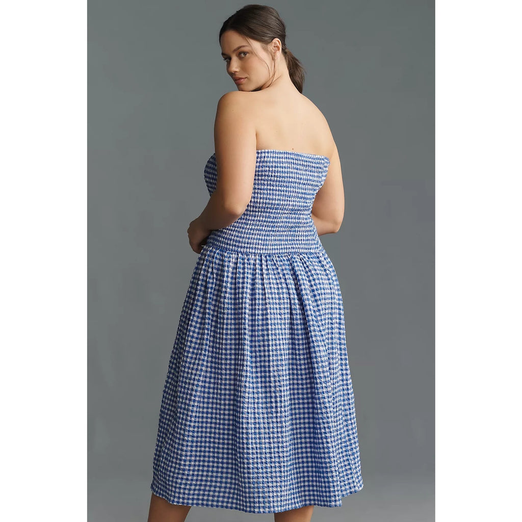 Anthropologie Maeve Strapless Smocked Midi Dress PLUS 1X Blue Gingham Anthropologie