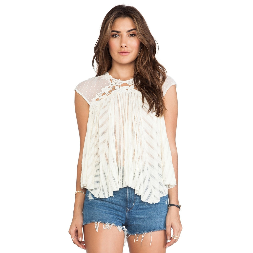 Free People Stars Align Swing Semi Sheer Lace Top X-SMALL Eggshell Free People