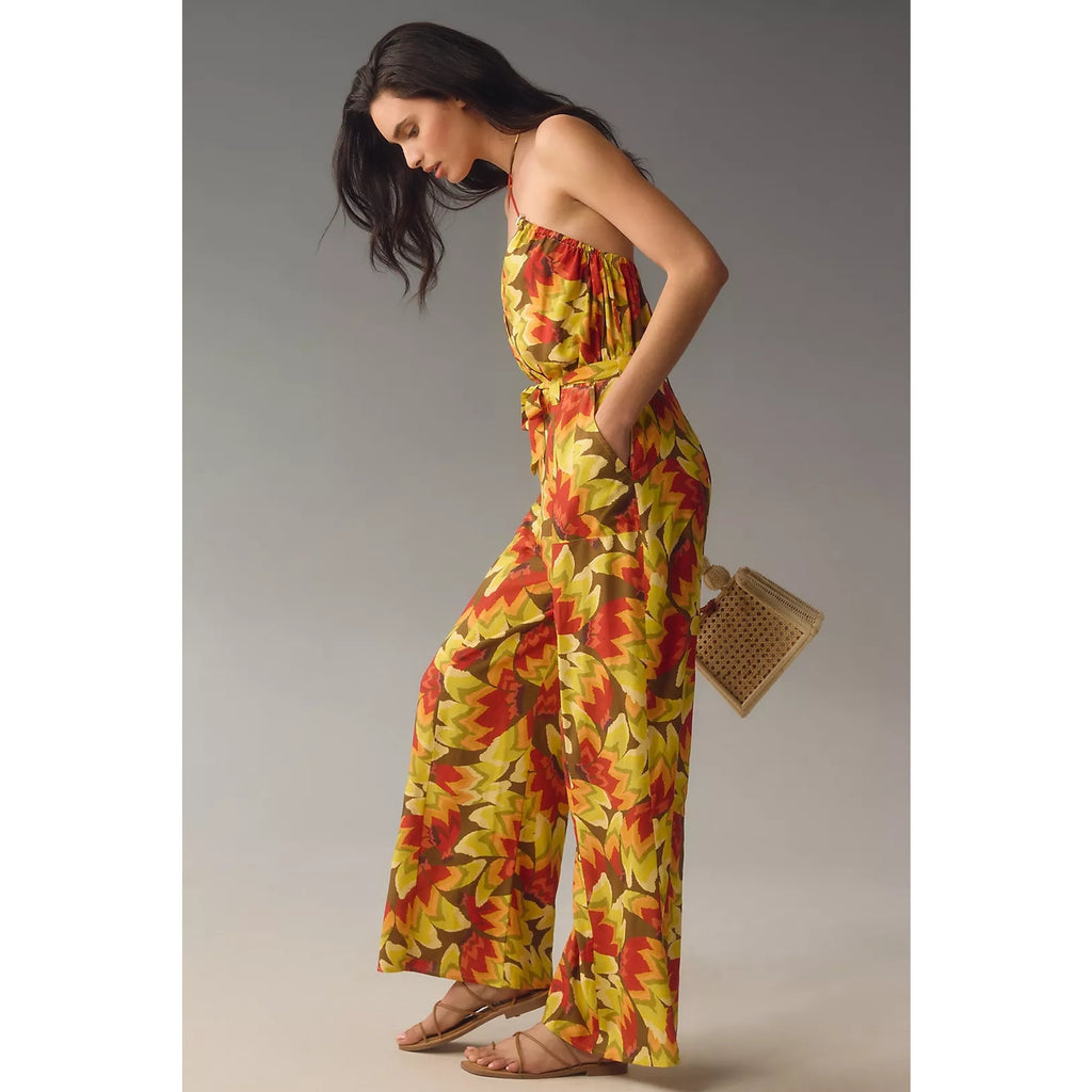 New Farm Rio x Anthropologie Fruit Print Jumpsuit $188 SMALL Yellow Bead Tassels
