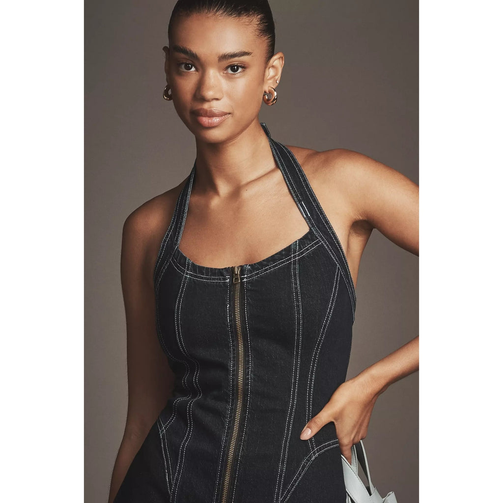Anthropologie Pilcro Front-Zip Halter Denim Midi Dress MEDIUM Dark Blue Anthropologie