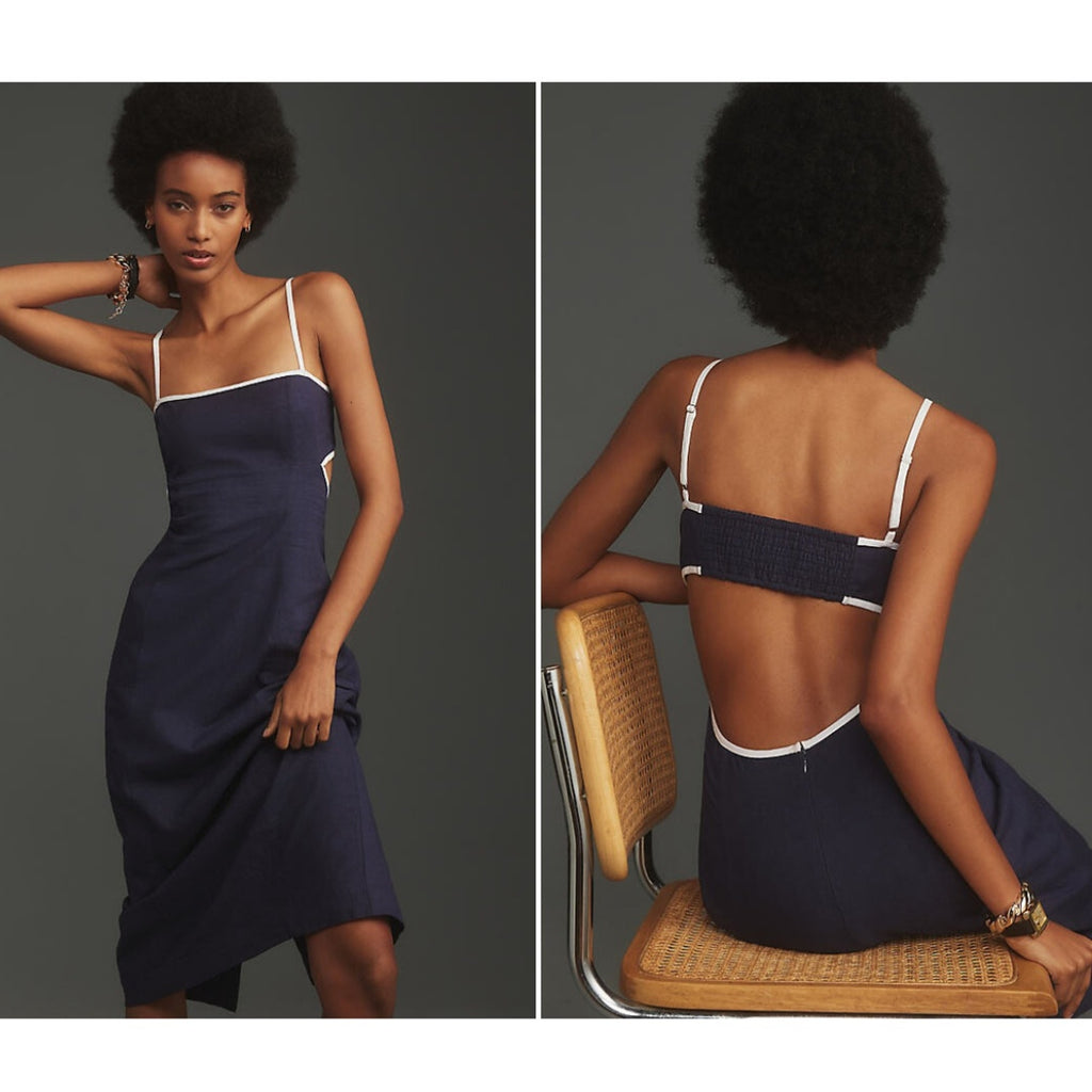 Anthropologie The Dafni Cutout Linen Midi Dress by Maeve $168 X-LARGE Navy