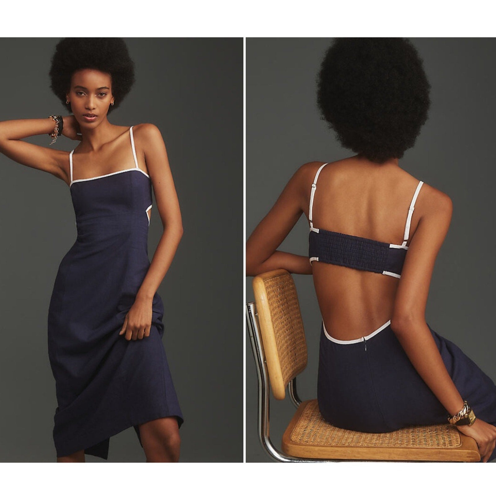 Anthropologie The Dafni Cutout Linen Midi Dress by Maeve $168 X-LARGE Navy