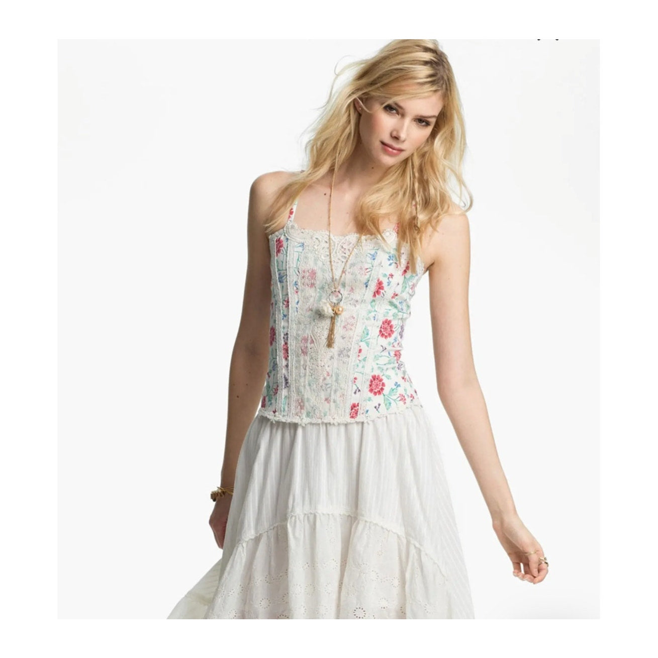 New Free People Miss Lizzy Floral Corset Top $98 SIZE 2 White Zip Lace Detail