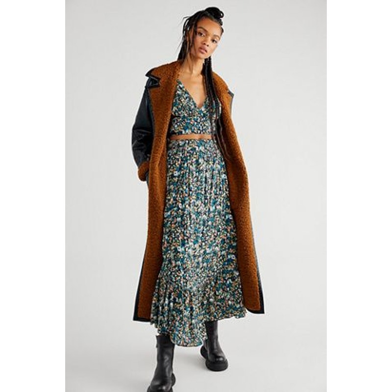 New Free People Pretty Dayz Midi Skirt Set $128 X-SMALL Blue Boho Floral Smocked