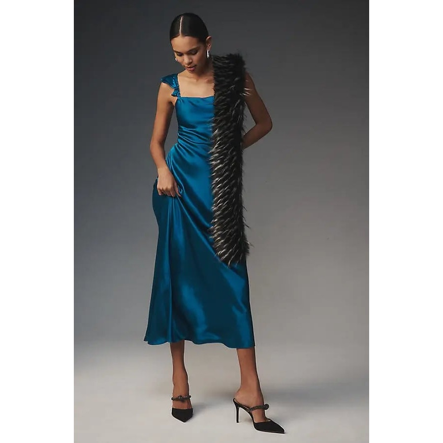 Anthropologie Flutter-Sleeve Square-Neck Maxi Dress $158 SMALL Blue