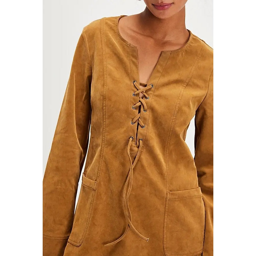 New Free People Bradley Faux Suede Shift Style Mini Dress $168 X-SMALL Lace-up