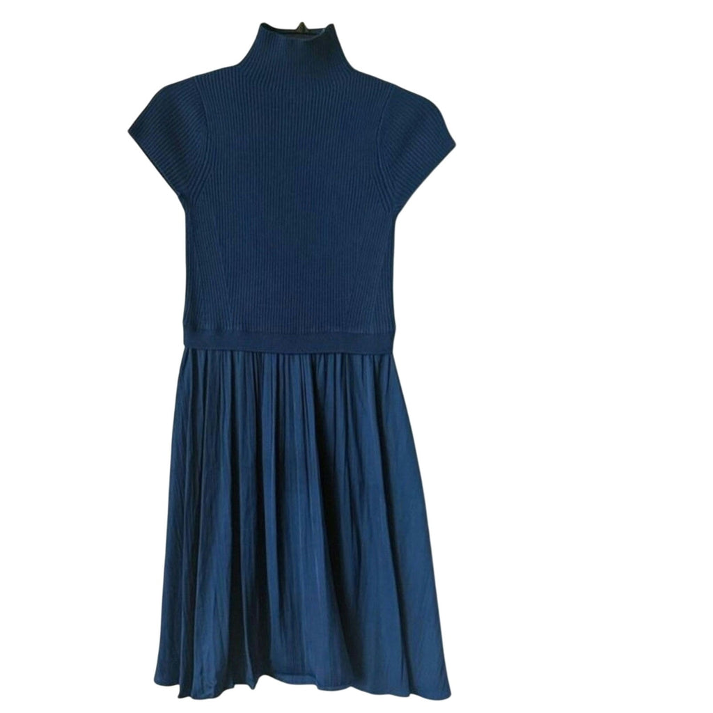 Navy short-sleeve turtleneck sweater mini dress with flared gathered skirt