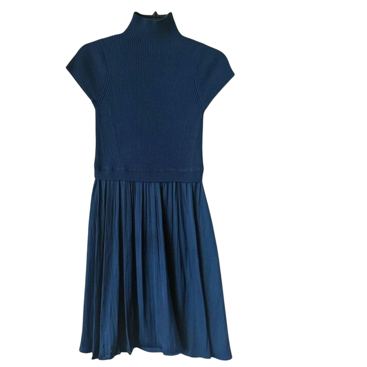 Navy short-sleeve turtleneck sweater mini dress with flared gathered skirt