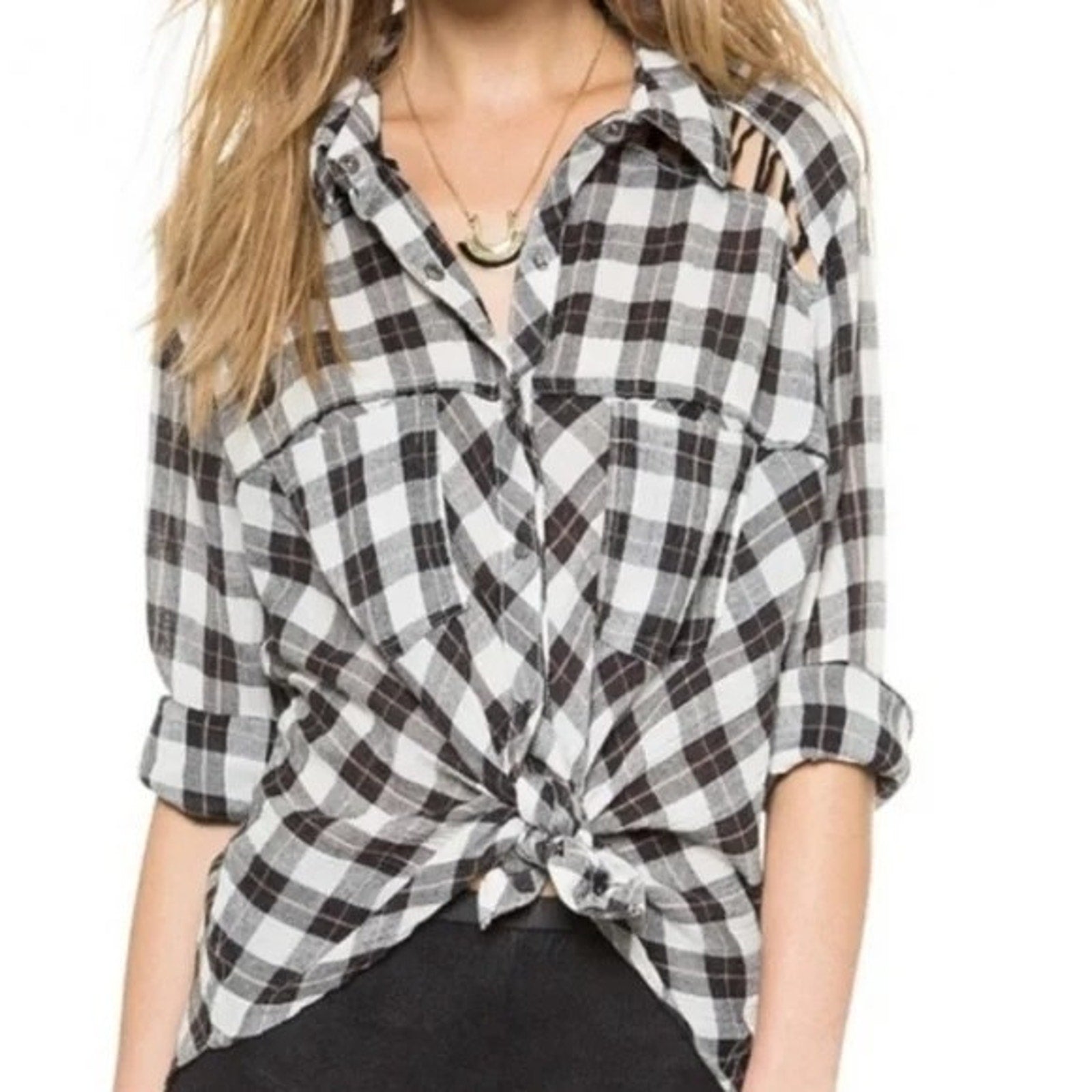 New Free People Plaid Lace Up Shoulder Snap Long Sleeve Top in B&W $108 Small