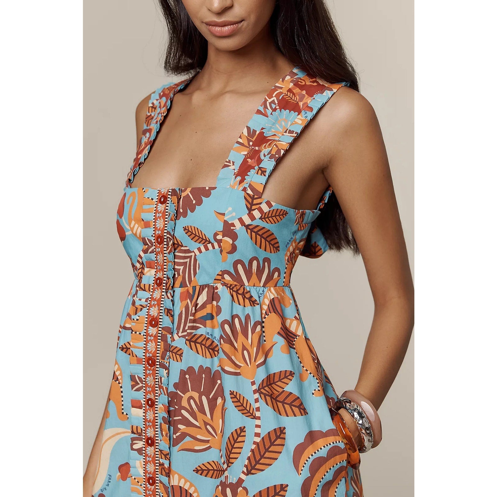 Farm Rio x Anthropologie Square-Neck Midi Dress MEDIUM Blue Anthropologie