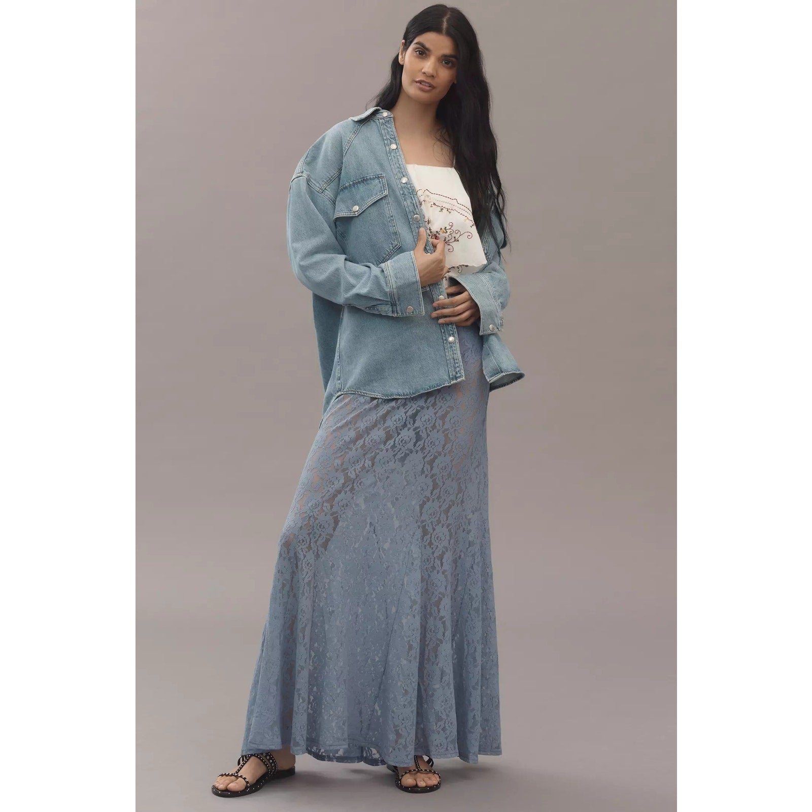 Anthropologie Sheer Tiered Lace Maxi Skirt Small Blue Floral Anthropologie