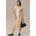 Sleeveless bow-button knit midi dress with contrast V-neck and ribbon tie, medium length