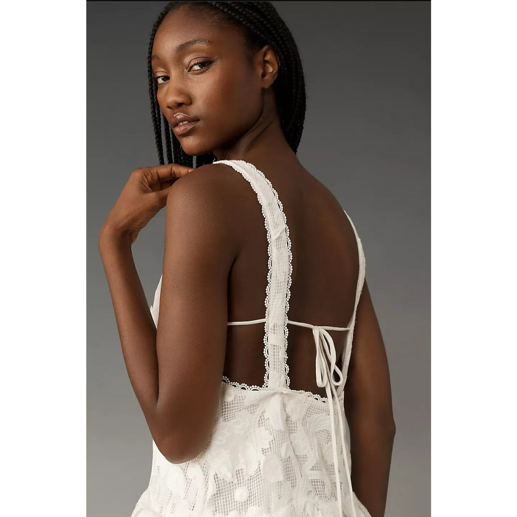 New By Anthropologie Sleeveless V-Neck Lace Swing Mini Dress $288 MEDIUM White
