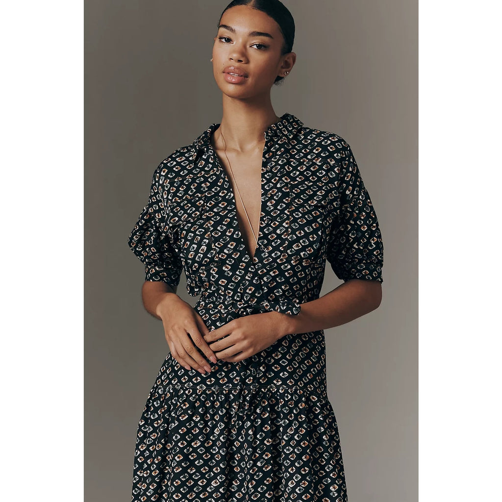 Black printed utility pocket shirtdress with short sleeves and wrap-style front