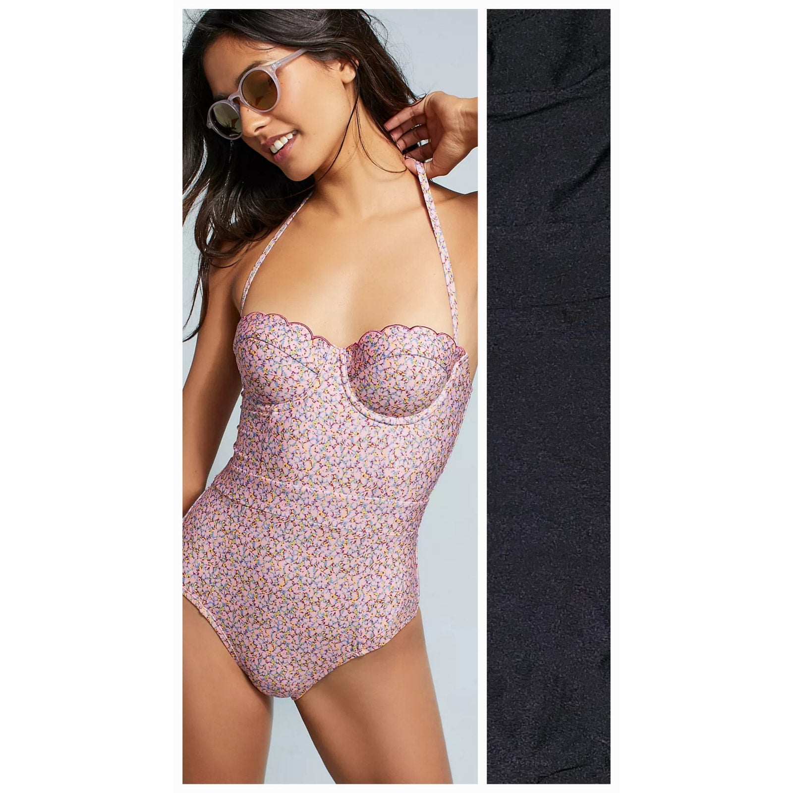 Anthropologie Banded Scallop One-Piece Swimsuit SMALL Black Anthropologie