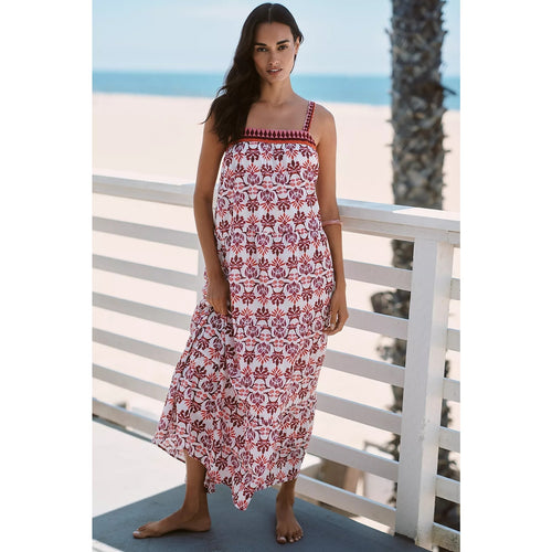 Pink floral cotton square-neck maxi dress with adjustable straps