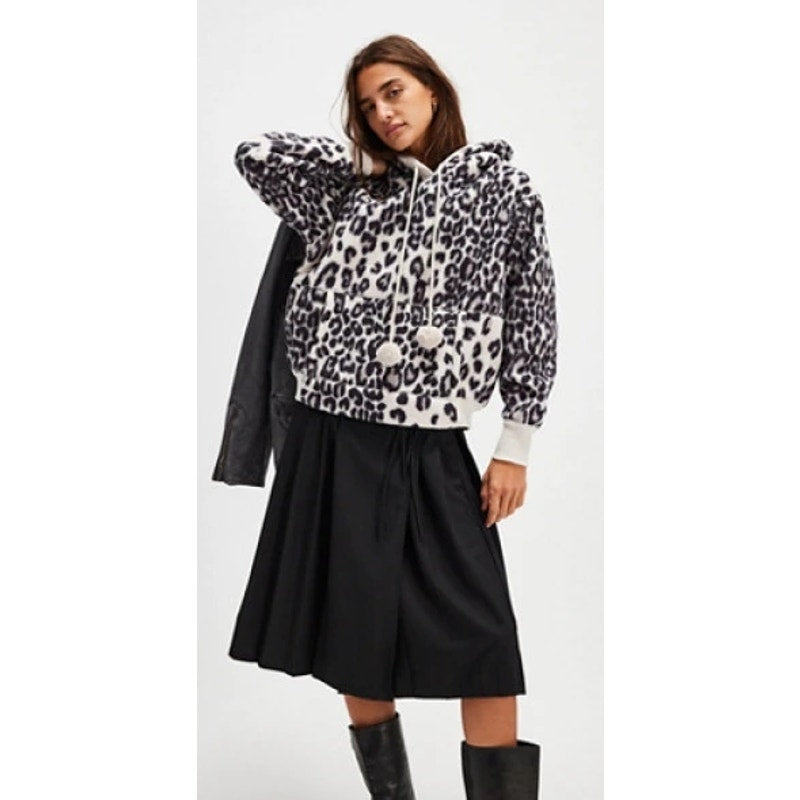 New FREE PEOPLE With Love Sweatshirt $128 X-SMALL Black LEOPARD PRINT