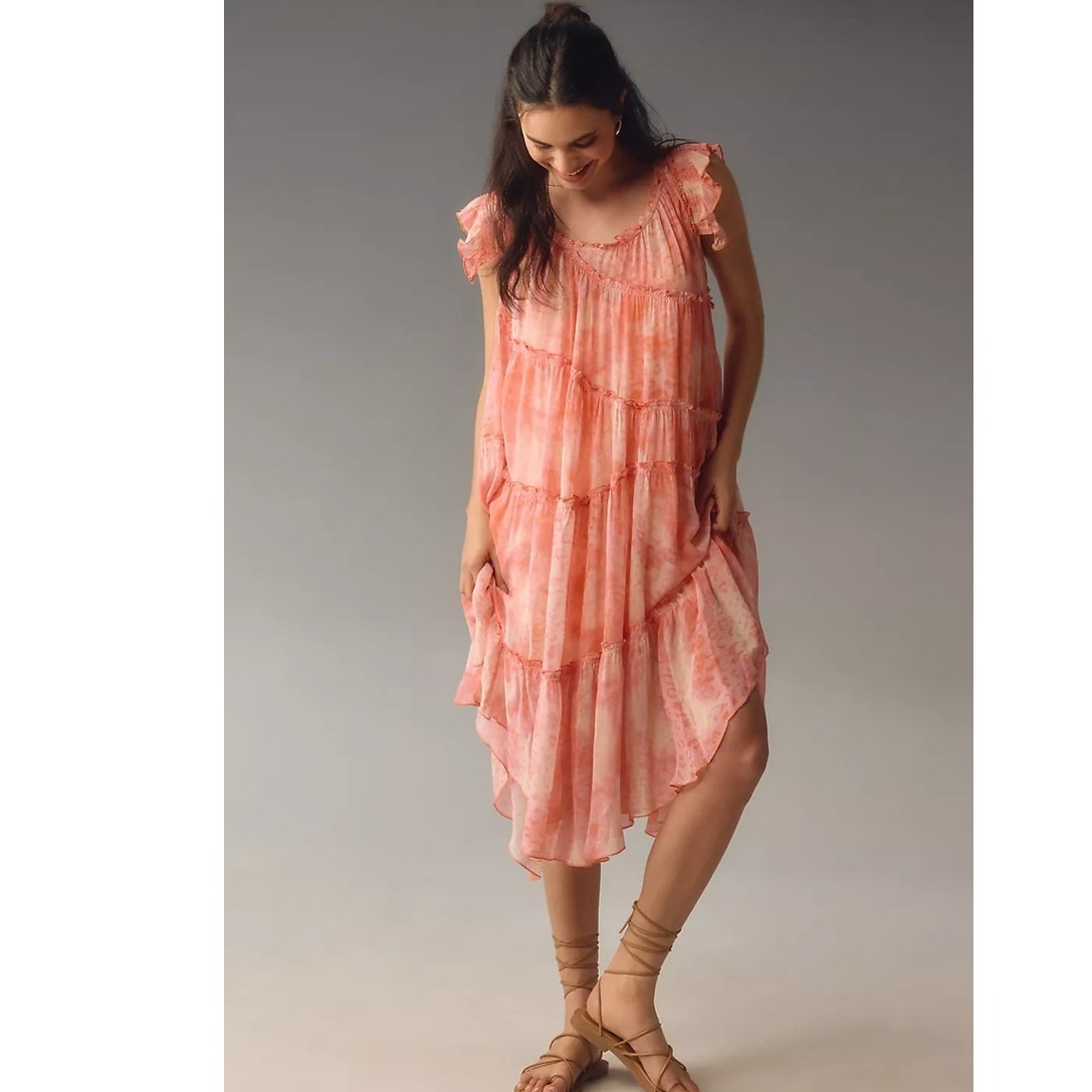 New By Anthropologie Asymmetric Hanky Sheer Tunic Midi Dress $178 X-LARGE  Pink