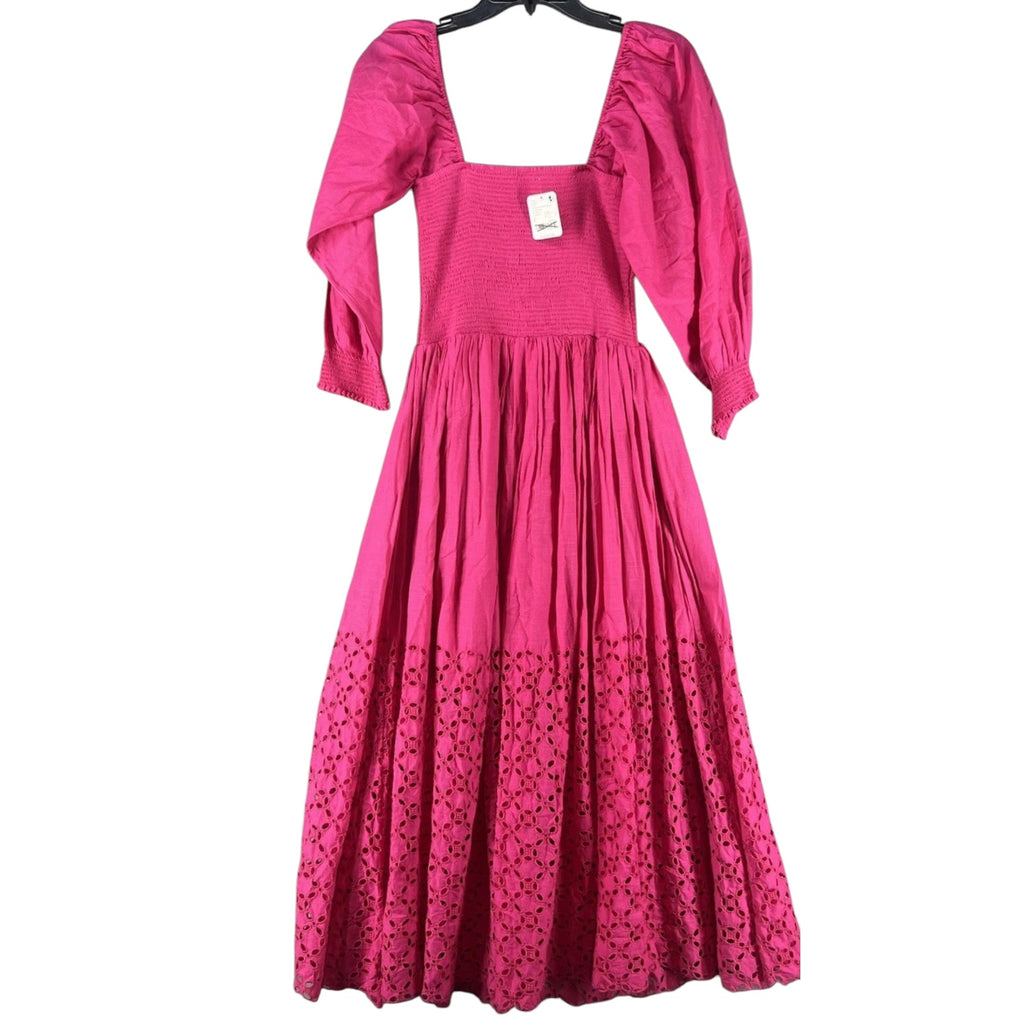 New FREE PEOPLE Perfect Storm Boho Midi Dress  $168 X-SMALL Pink Smocked