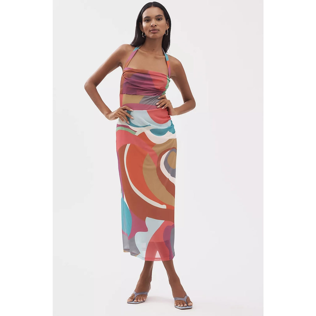 By Anthropologie Square-Neck Halter Midi Dress LARGE PETITE Pink Anthropologie