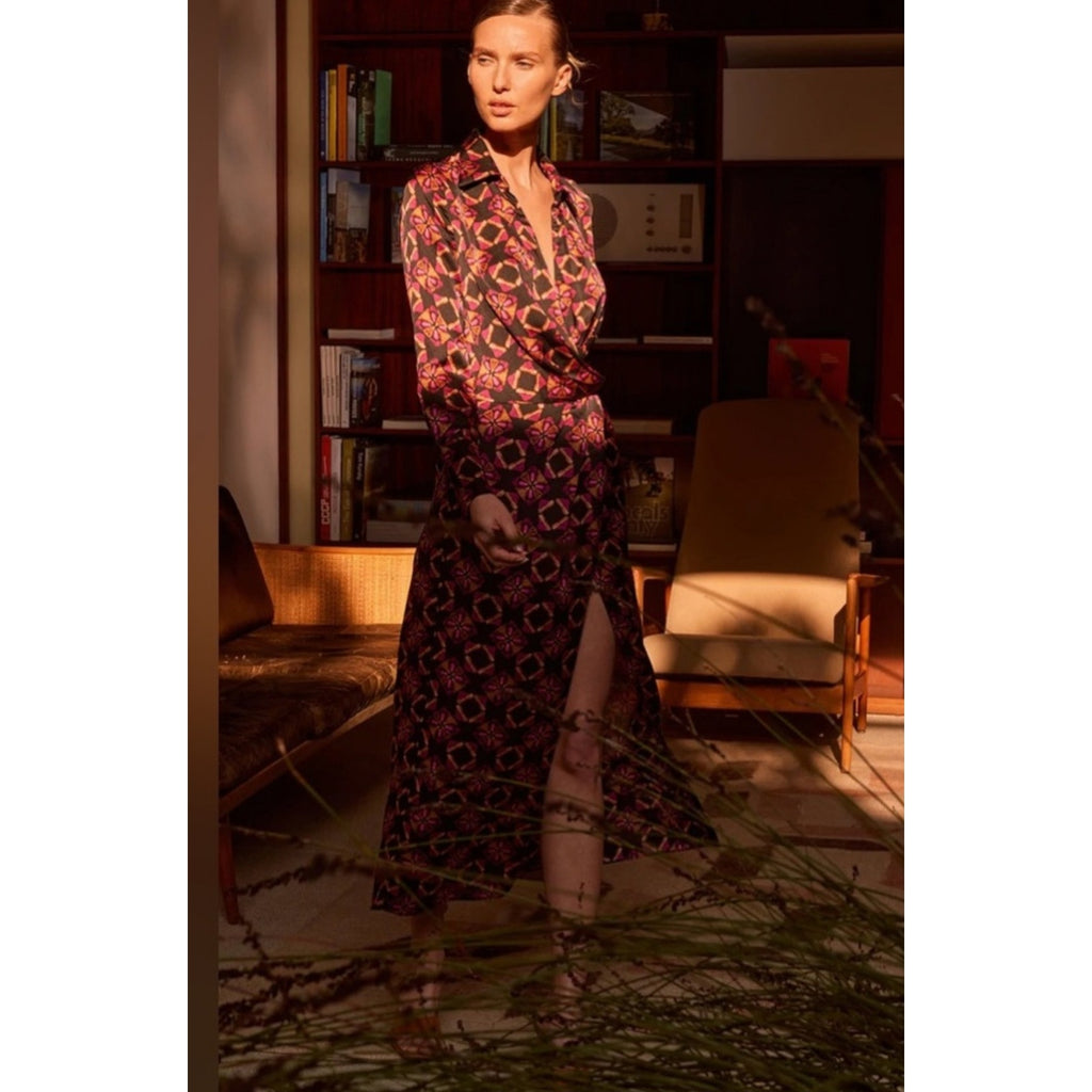 New Anthropologie x MISA Long-Sleeve Geo Wrap Dress $435 MEDIUM Midi Black